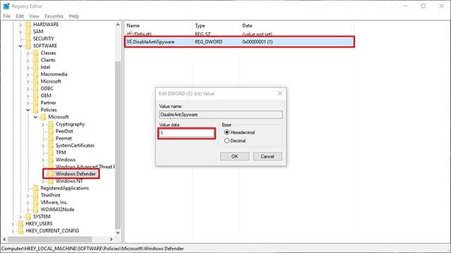 Tắt Windows Defender bằng Registry
