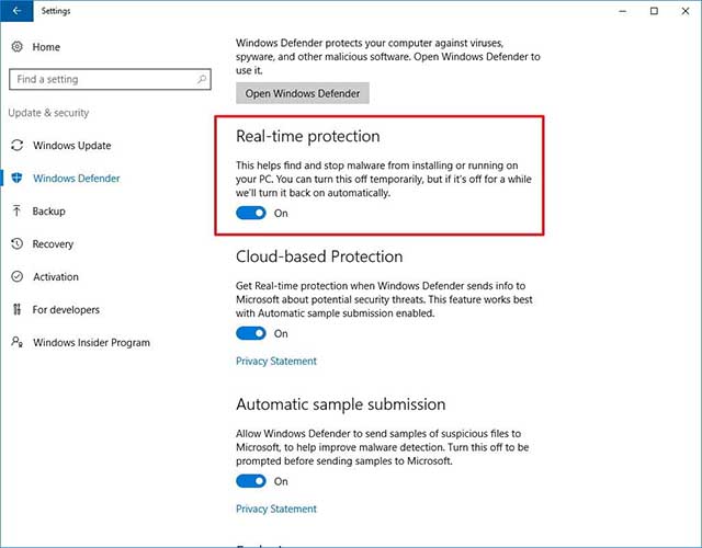 Tắt Windows Defender tạm thời bằng Settings 4